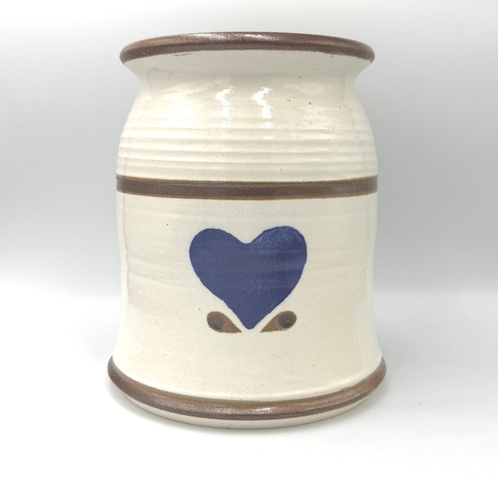 Handmade Stoneware Heart Crock Kitchen Utensil Holder Cream Blue Signed